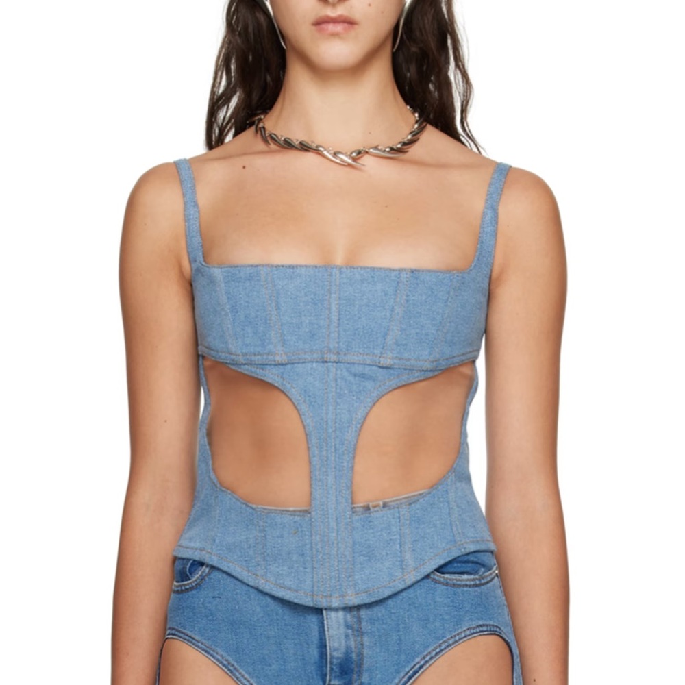 Mugler Blue Denim Cut-Out  Top Corset